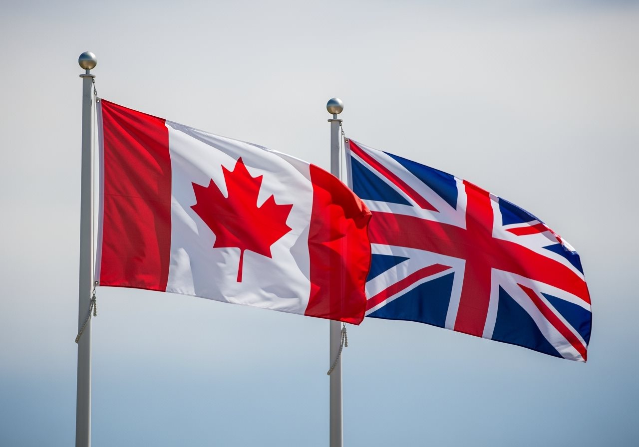 Drapeaux Canada et UK ensemble représentant les relations bilatérales