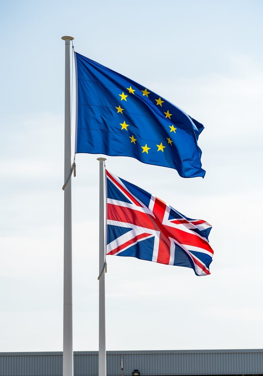 Drapeaux UE et Royaume-Uni représentant les nouvelles exigences post-Brexit
