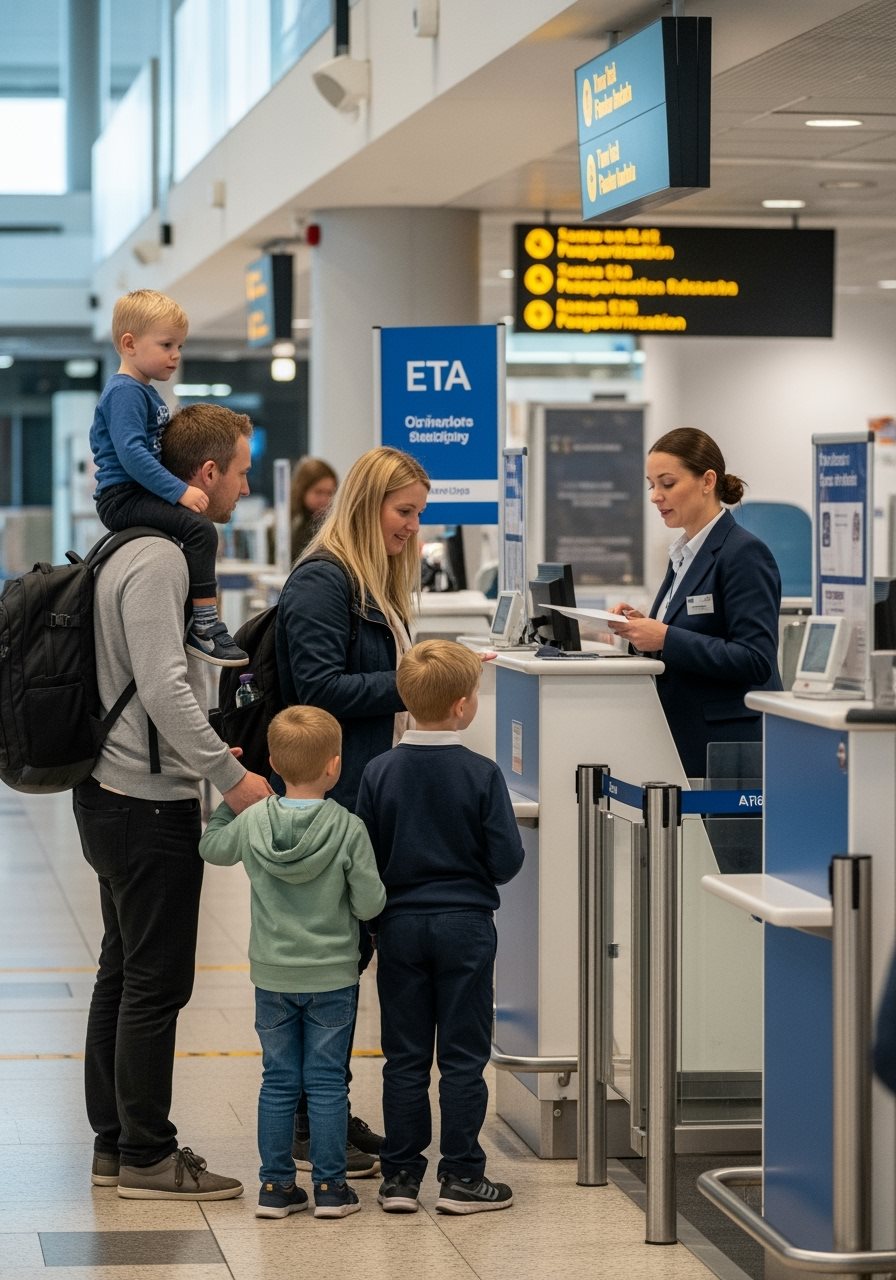 Famille avec enfants à l'aéroport UK contrôle passeport ETA