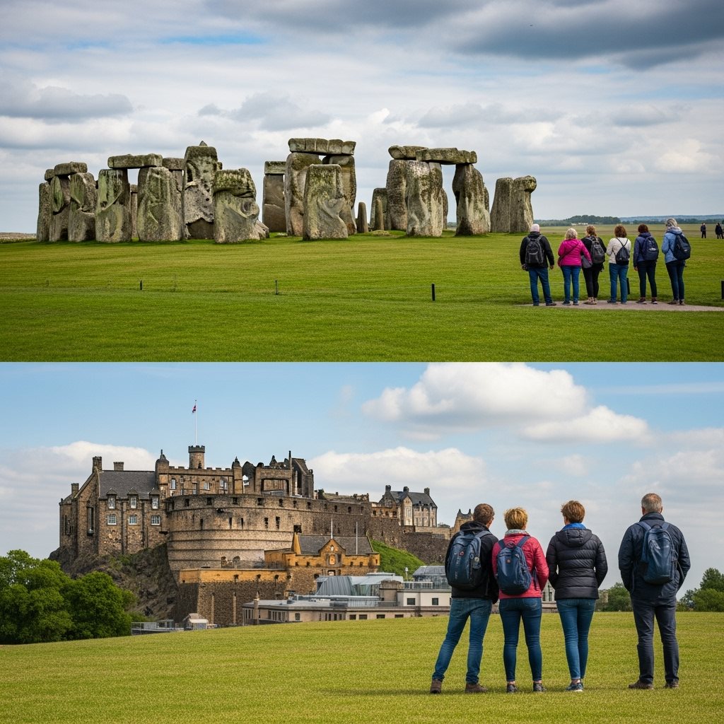 Groupe de touristes visitant attractions UK Stonehenge