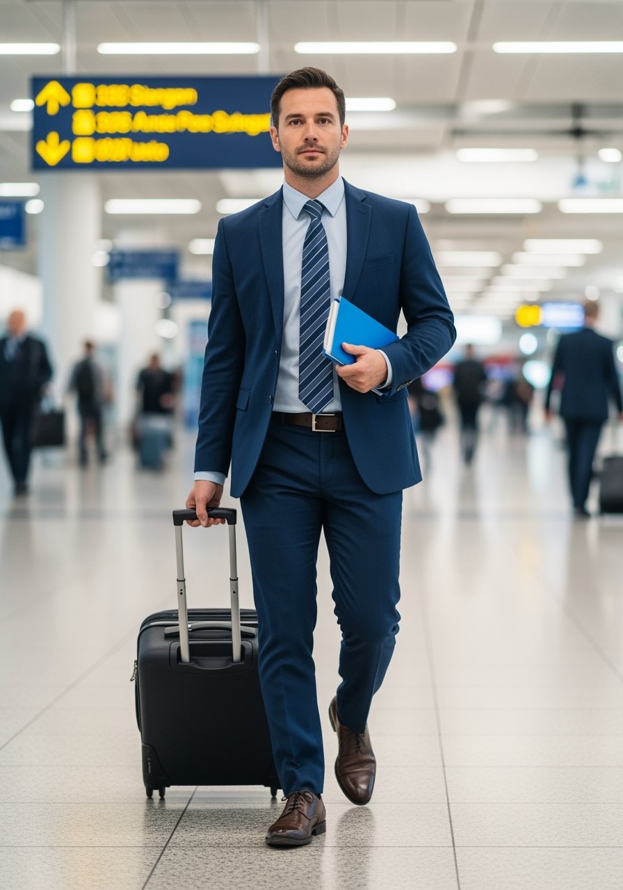 Homme d'affaires aéroport UK avec documents voyage