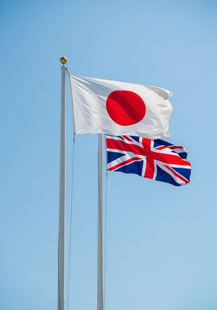Drapeaux Japon et Royaume-Uni représentant le partenariat de voyage