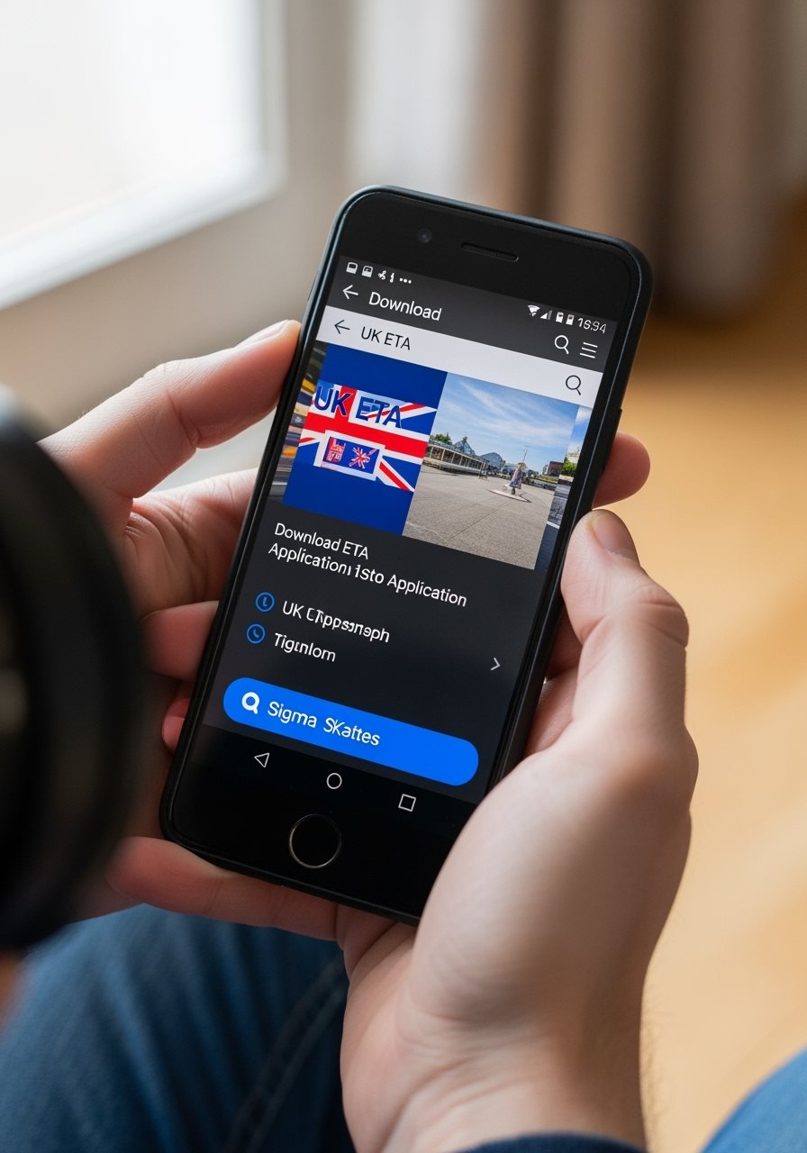 Écran de téléchargement de l'application UK ETA sur smartphone