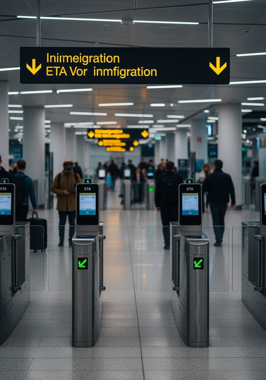 Zone de contrôle d'immigration moderne avec portiques électroniques et systèmes ETA