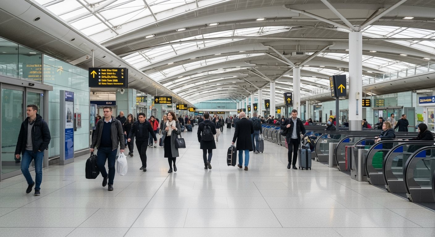 Terminal d'aéroport moderne UK avec passagers