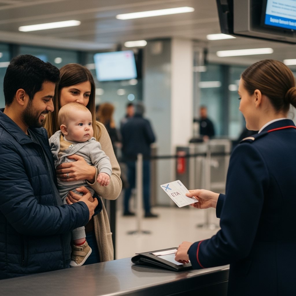 Bébé avec parents à l'aéroport UK contrôle frontalier ETA