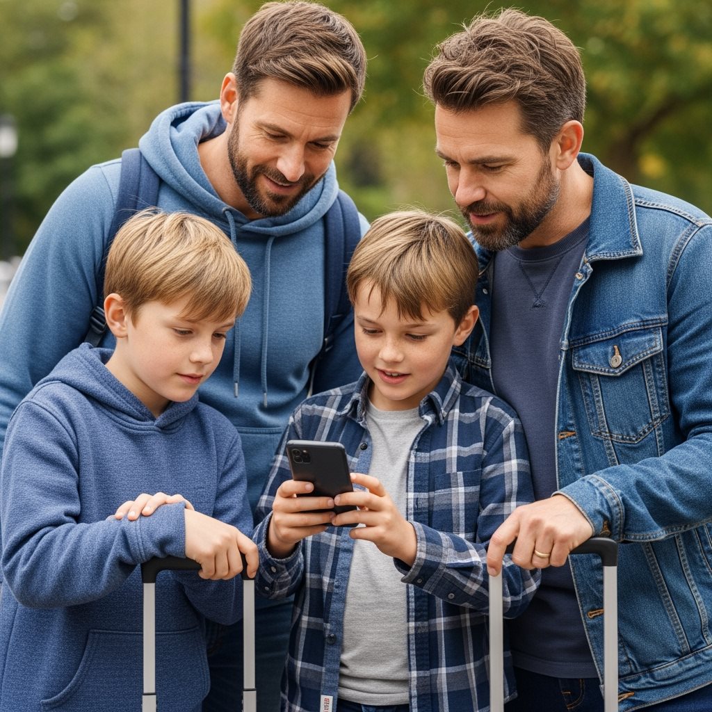 Parents avec enfants utilisant smartphone application ETA UK