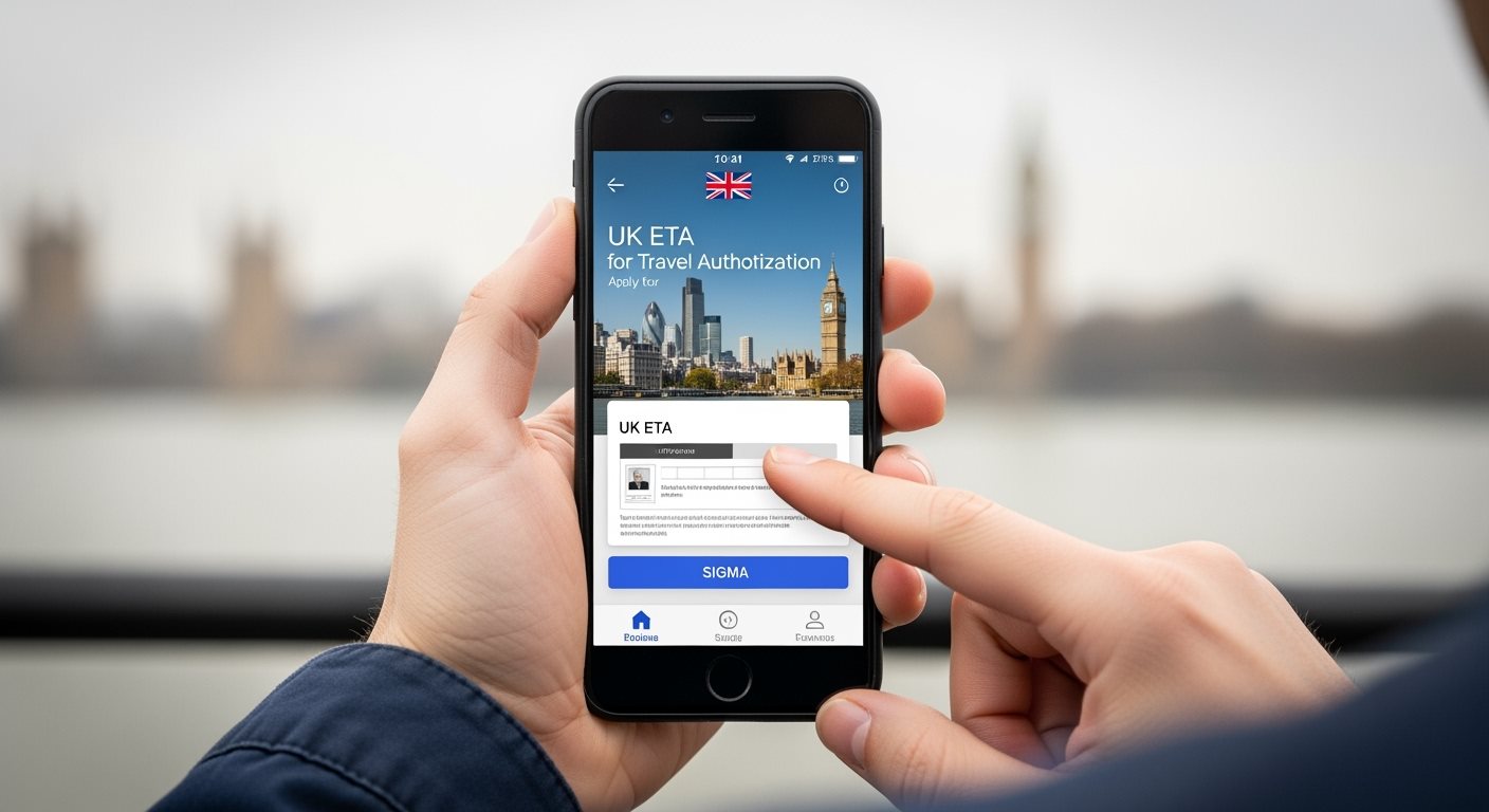 Personne utilisant un smartphone pour demander une autorisation de voyage ETA UK
