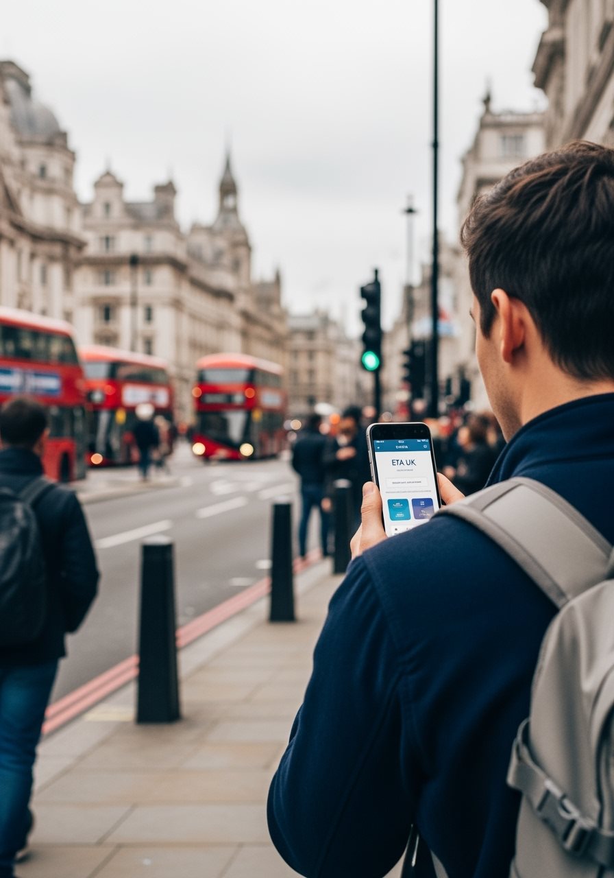 Touriste avec smartphone application ETA UK à Londres