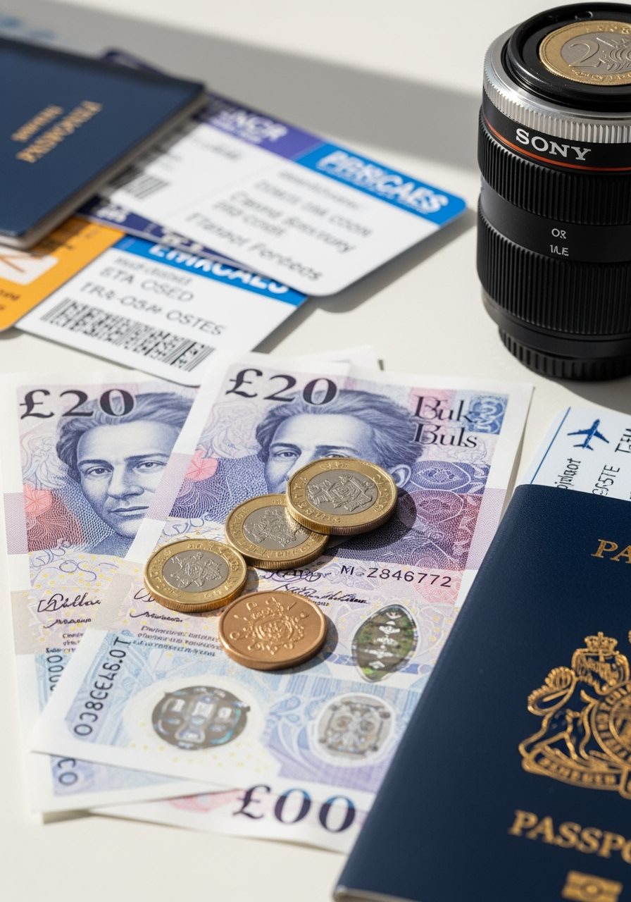 Billets et pièces en livres sterling avec documents de voyage représentant les coûts ETA