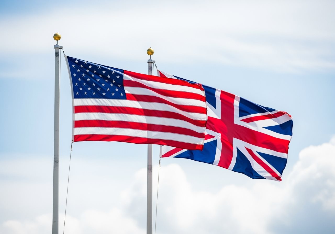 Drapeaux USA et UK ensemble symbolisant le partenariat de voyage