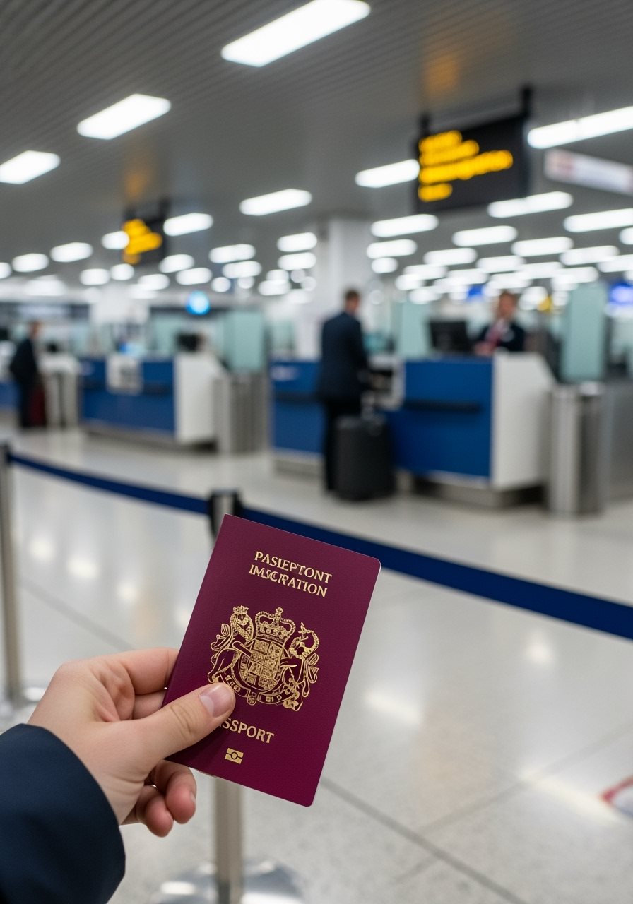 Voyageur avec passeport aéroport UK contrôle immigration
